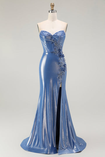 Sparkly Mermaid Corset Sweetheart Beaded Blue Long Formal Dress with Slit